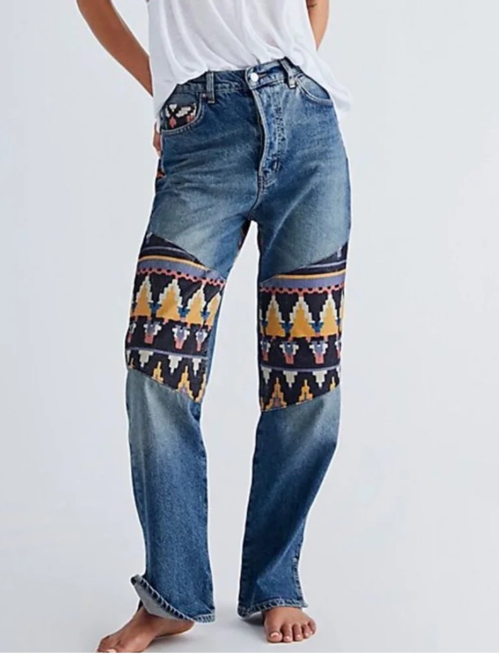 Free People Straight Leg Denim Jeans with Yellow Aztec Knee Panels